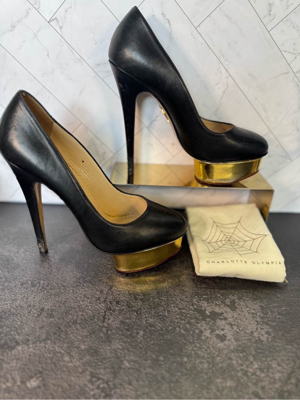 Charlotte Olympia Black Dolly Heels, Gold Platform Pumps, Size 38